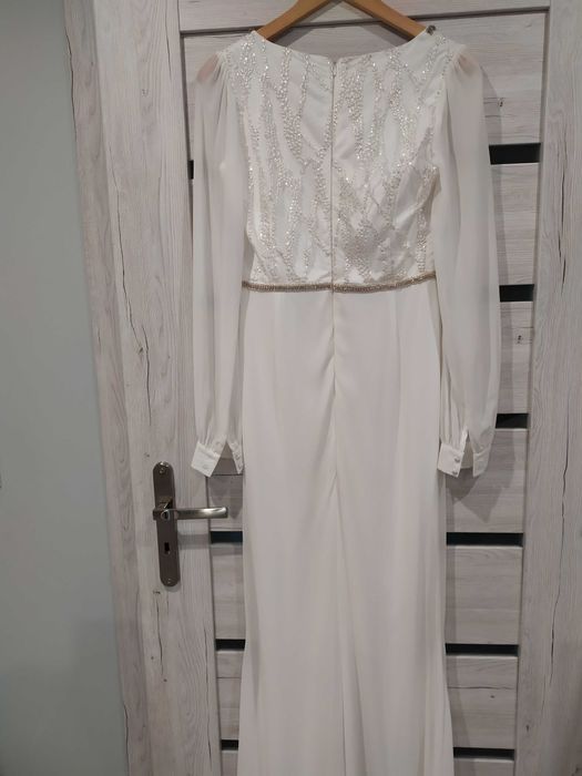 nowa prosta suknia ślubna z długim rękawem rybka syrenka 38 ivory