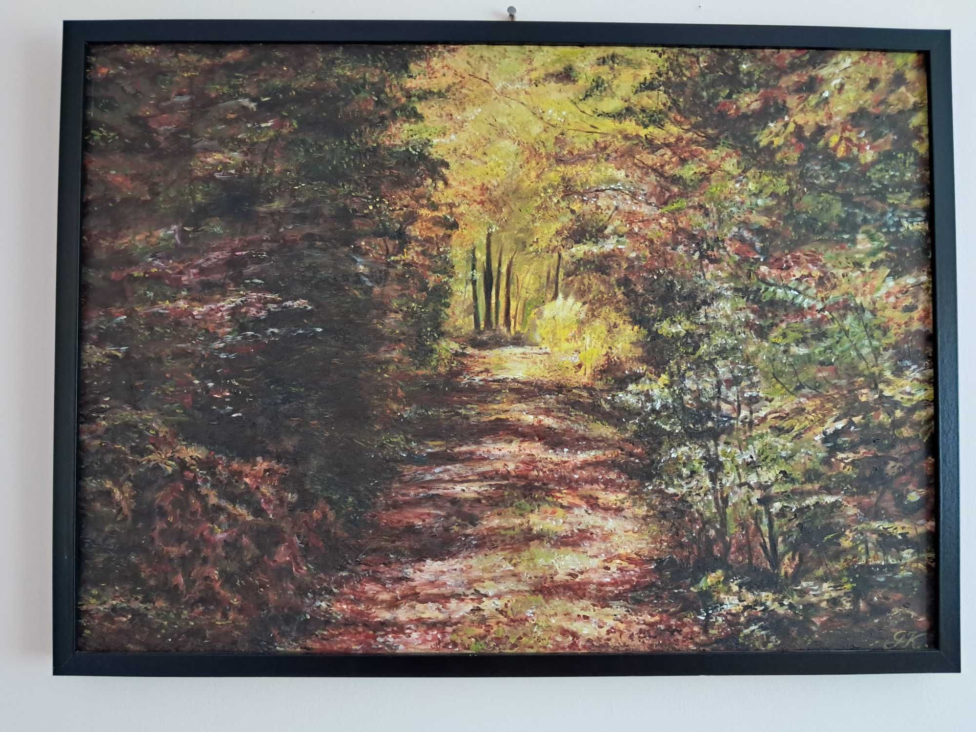 Obraz olejny 50x70 pejzaż leśna droga drzewa las