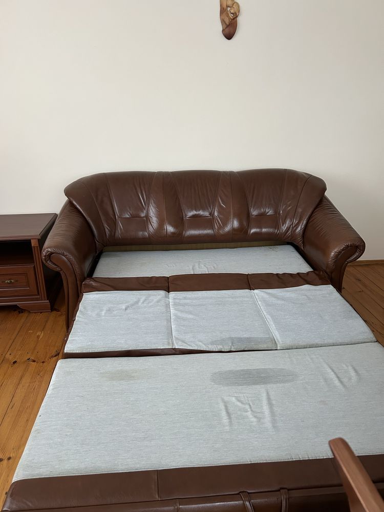 Skorzana sofa brazowa czekoladowa 3 osobowa rozkladana