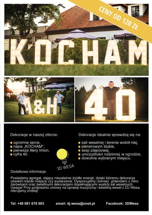 Dekoracje Serce, KOCHAM, LOVE, cyfry, ledony, inicjały, skrzydła, neon