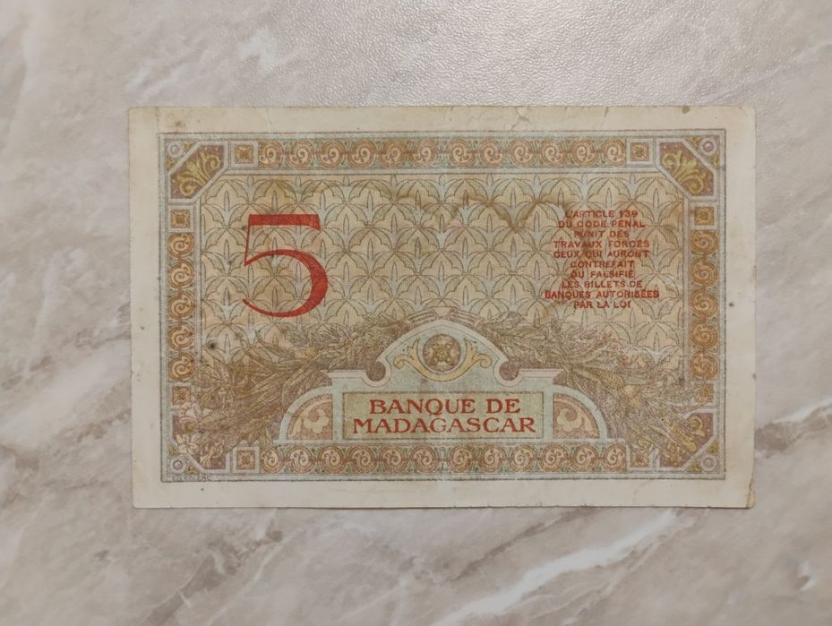 Banknot Madagaskar - 5 franków z 1937/1947 r.