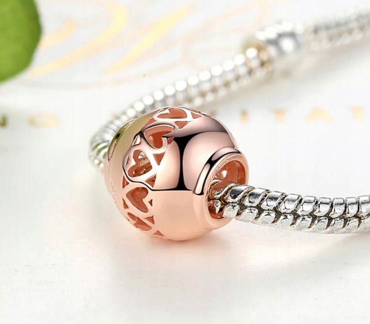 charms do pandora srebro s925 złote serce ażurowe rose gold beads