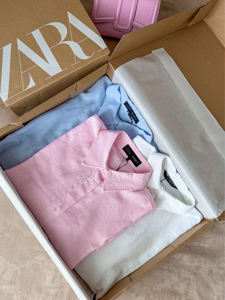 Блакитна сорочка Zara з льоном S-M на затяжці