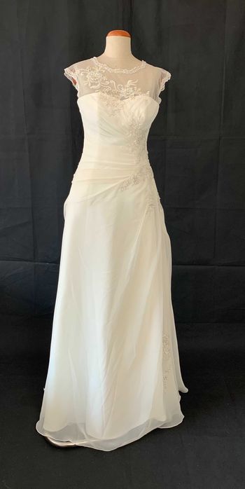 Nowa szyfonowa suknia ślubna Papas Michel 38 M Linia A z trenem ivory