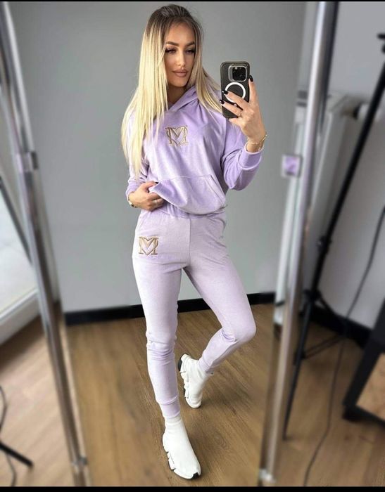 Dres fioletowy welurowy 36,38 pastelowy marina z kapturem nowy lila