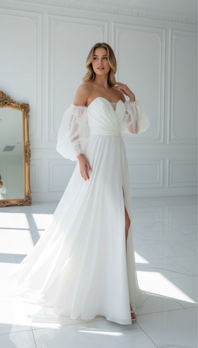 Nowa muślinowa sunia ślubna z gorsetem i bufkami gładka boho 38