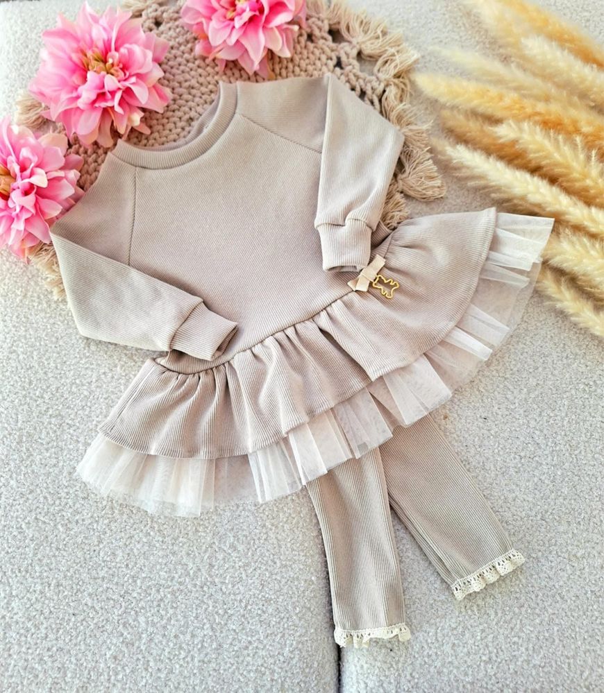 Nowość Nikol Kids Fashion beżowy komplet w prążek tunika+legginsy 80