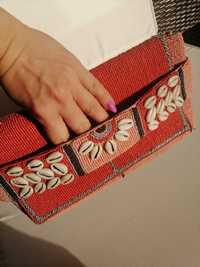 Handmade mala torebka kopertówka morelowa czerwona lato muszelki