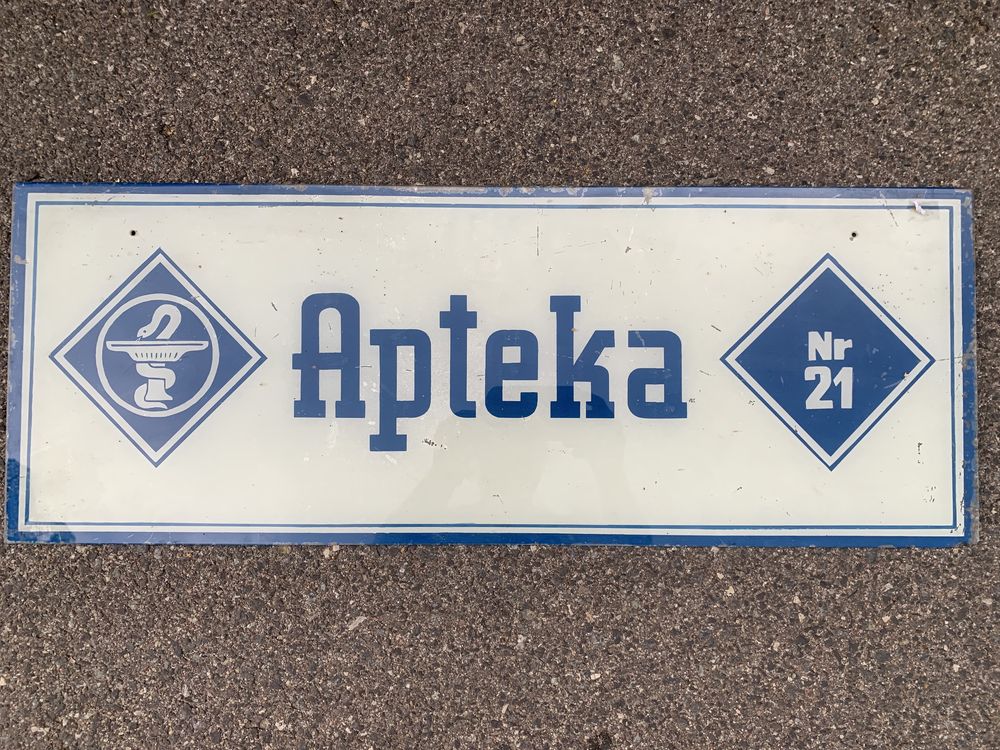 Oryginalny szklany szyld Apteka PRL