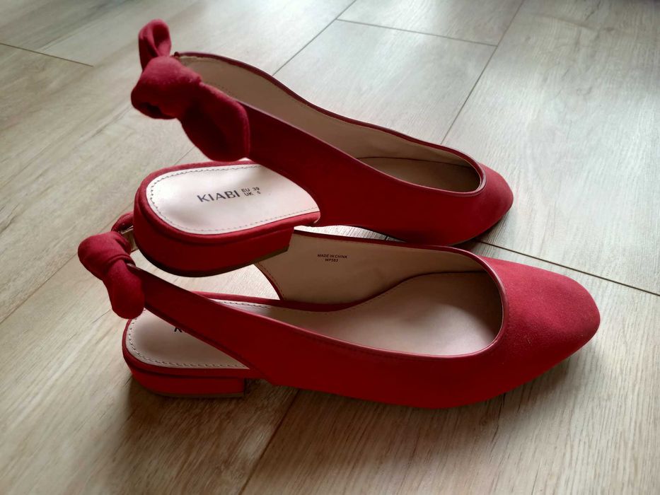 baleriny, sandały, czółenka, czerwone bez pięty, r.39, kokarda