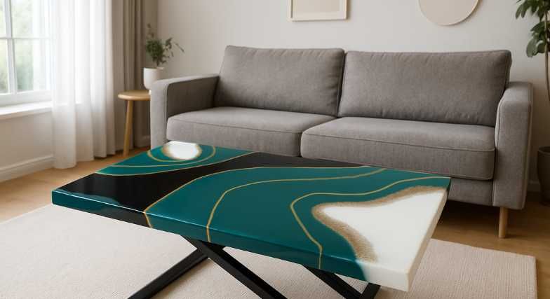 Ekskluzywny stół stolik z żywicy epoksydowej „Złote potoki”