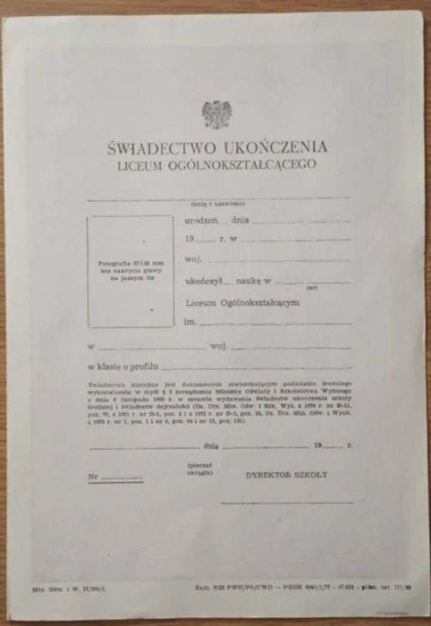 Świadectwo Ukończenia Liceum Ogólnokształcącego Czyste