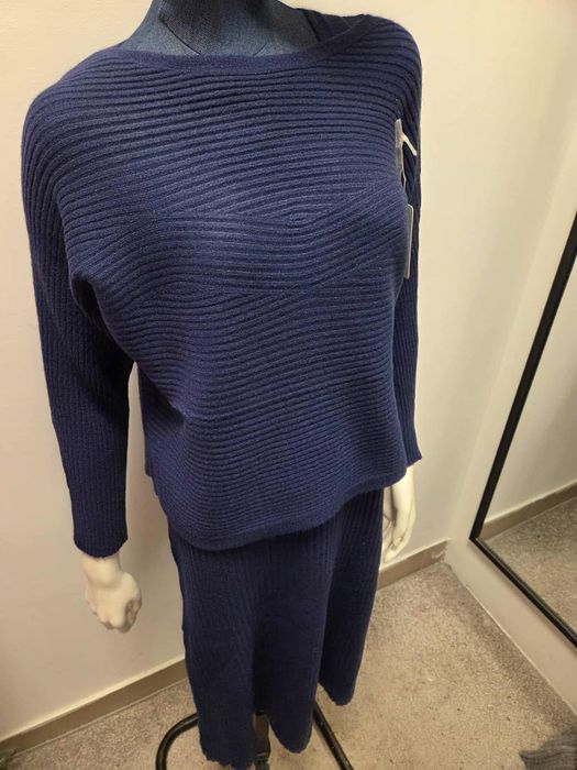 Damski Komplet Dzianinowy Sukienka i Sweter Granatowy   L XL