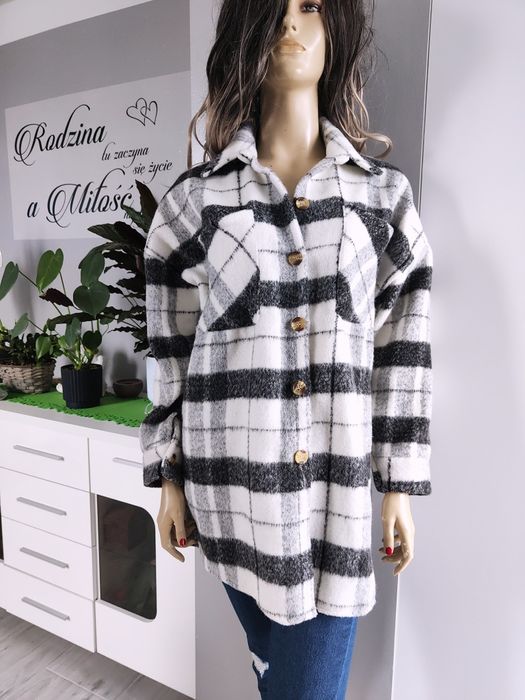 Ciepła koszula jesienna / kurtka płaszczyk oversize w kratę – rozmiar