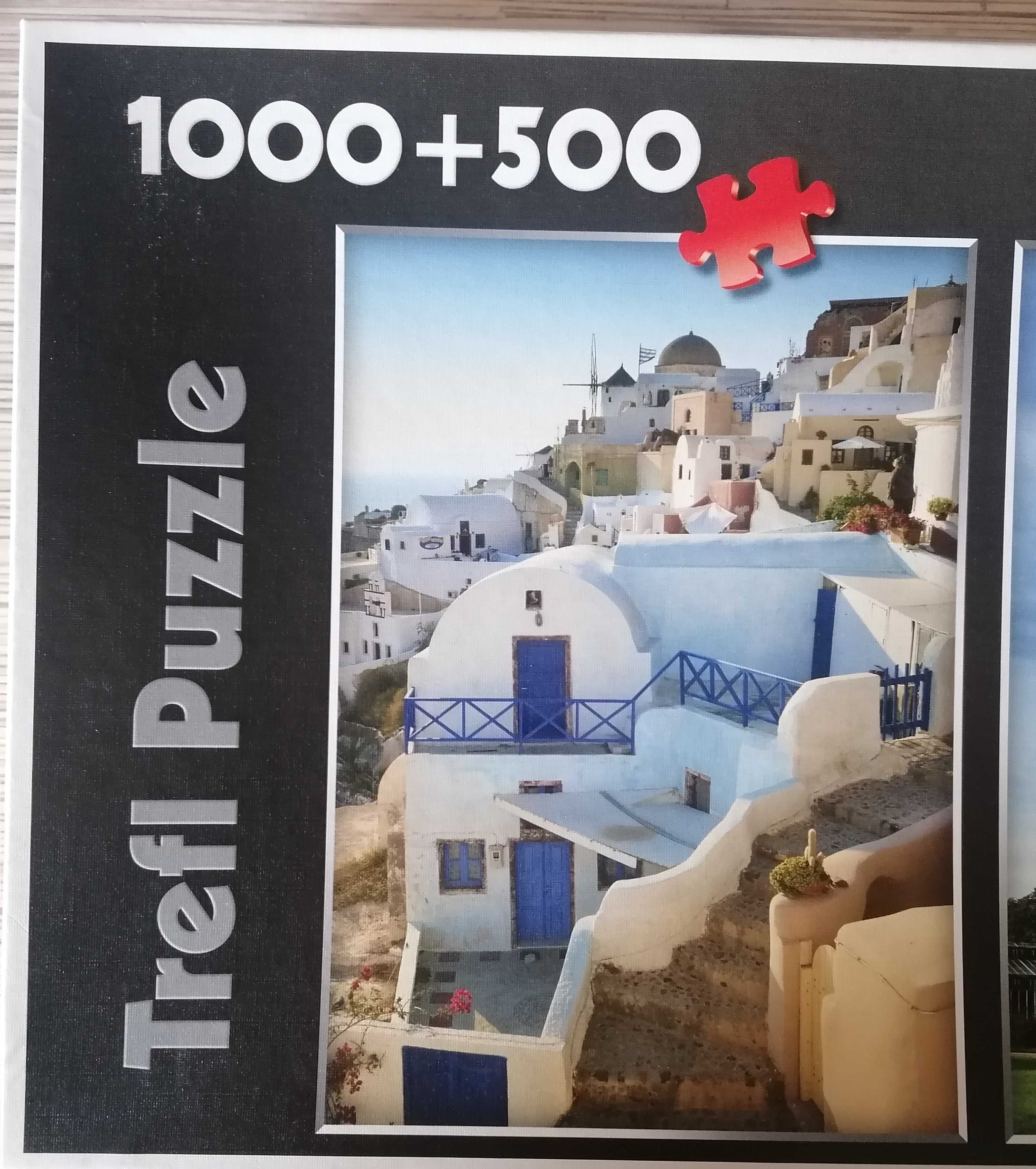 Puzzle Trefl 2w1, Santorini Grecja, zamek Moszna, 1000 i 500 elementów