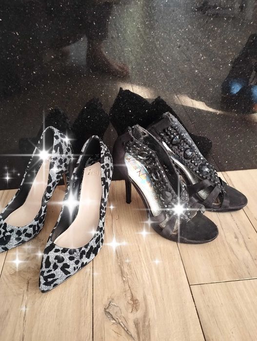 Szpilki Buty panterka r 39 srebrno czarne wiatrówki gratis