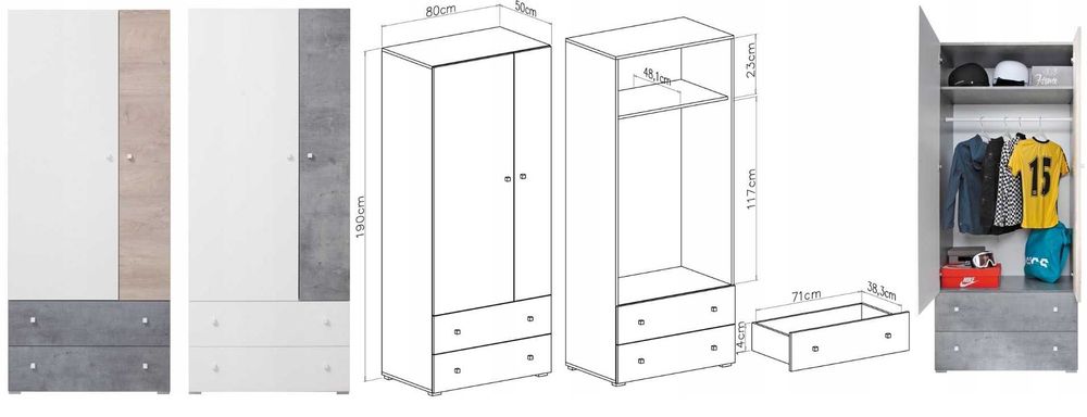 Zestaw Mebli młodzieżowych Biel beton Szafa + komoda duża szuflady
