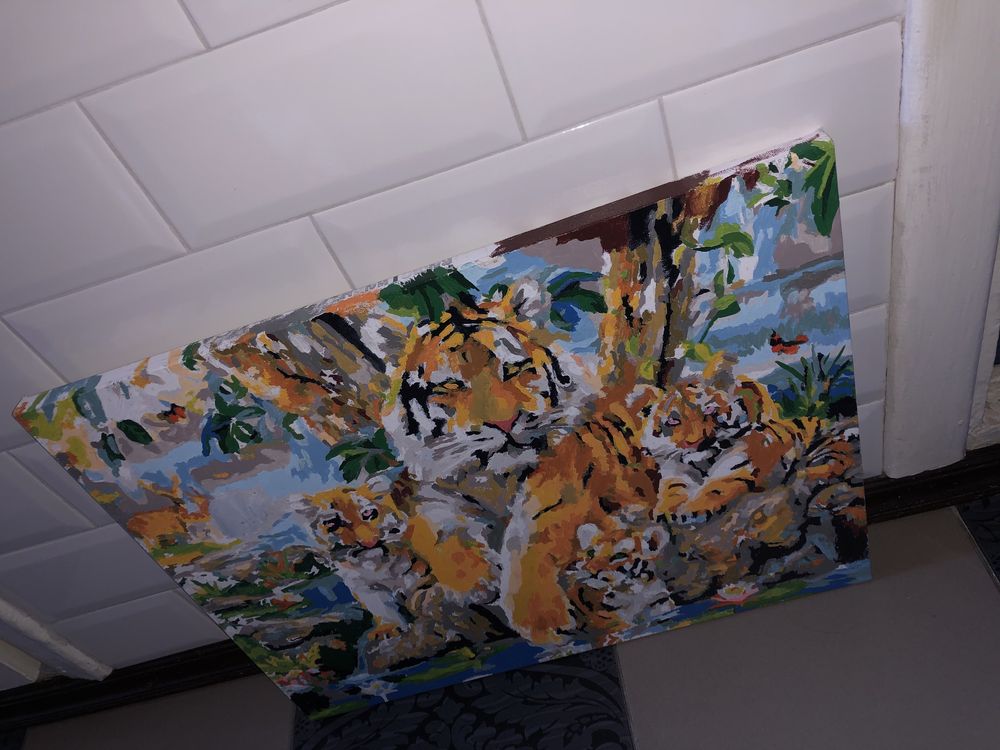 Картина по цифрам Тигры дождь в парке и воздушные шары 50х40 см