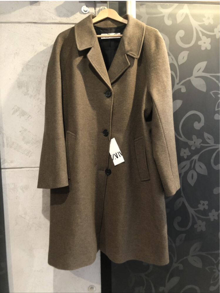 Nowy płaszcz ZARA wełna WEŁNIANY oversize M\L khaki klasyczny