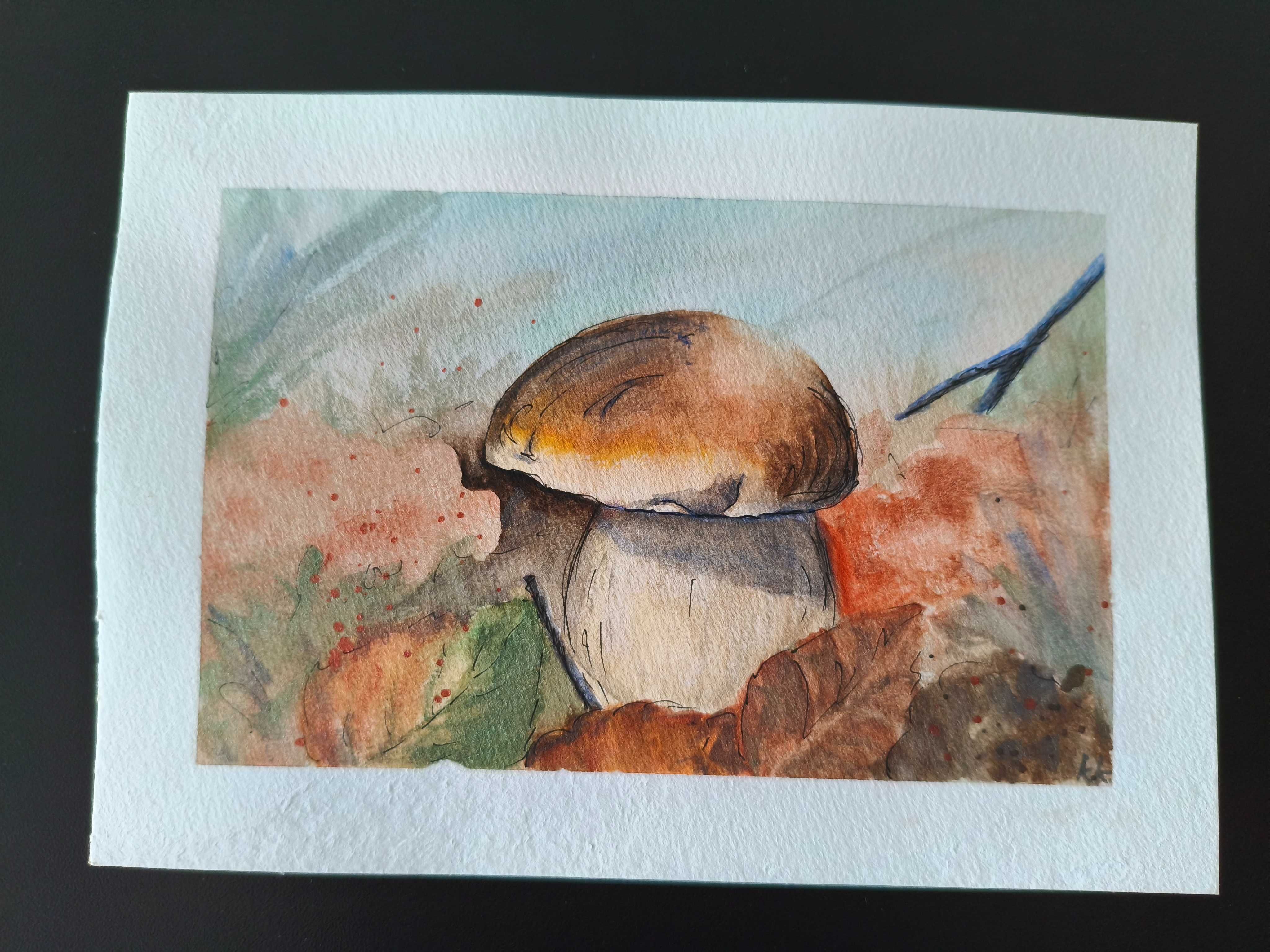 Akwarele JESIEŃ grzyby grzybobranie las obraz liść 15x21