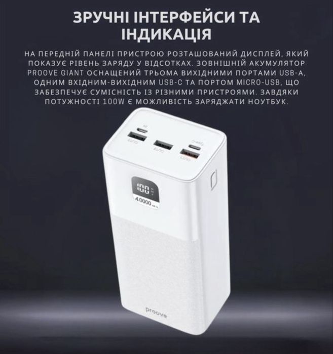 Повербанк 100w Proove Giant 40000 mAh зарядка ноутбука