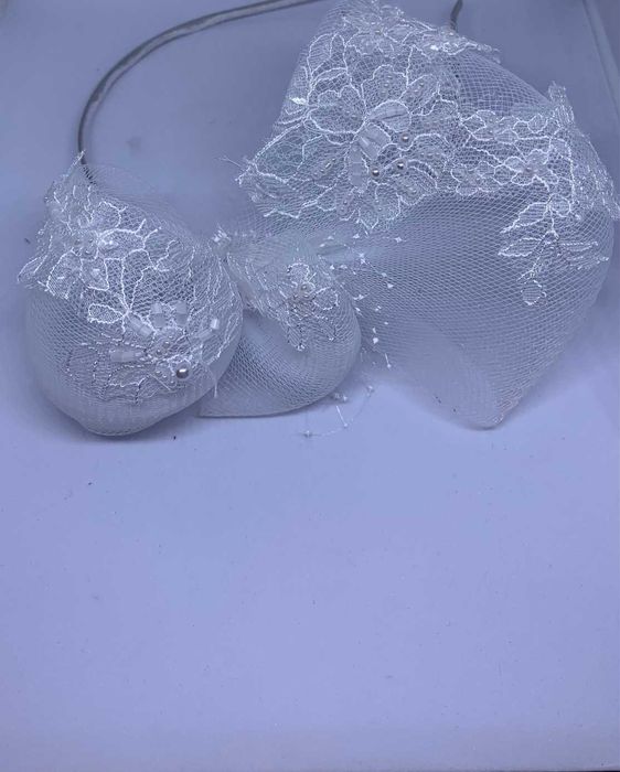 Nowa Tiulowa Kokarda Koronka Opaska Ślub Rękodzieło Perły Diadem  Art