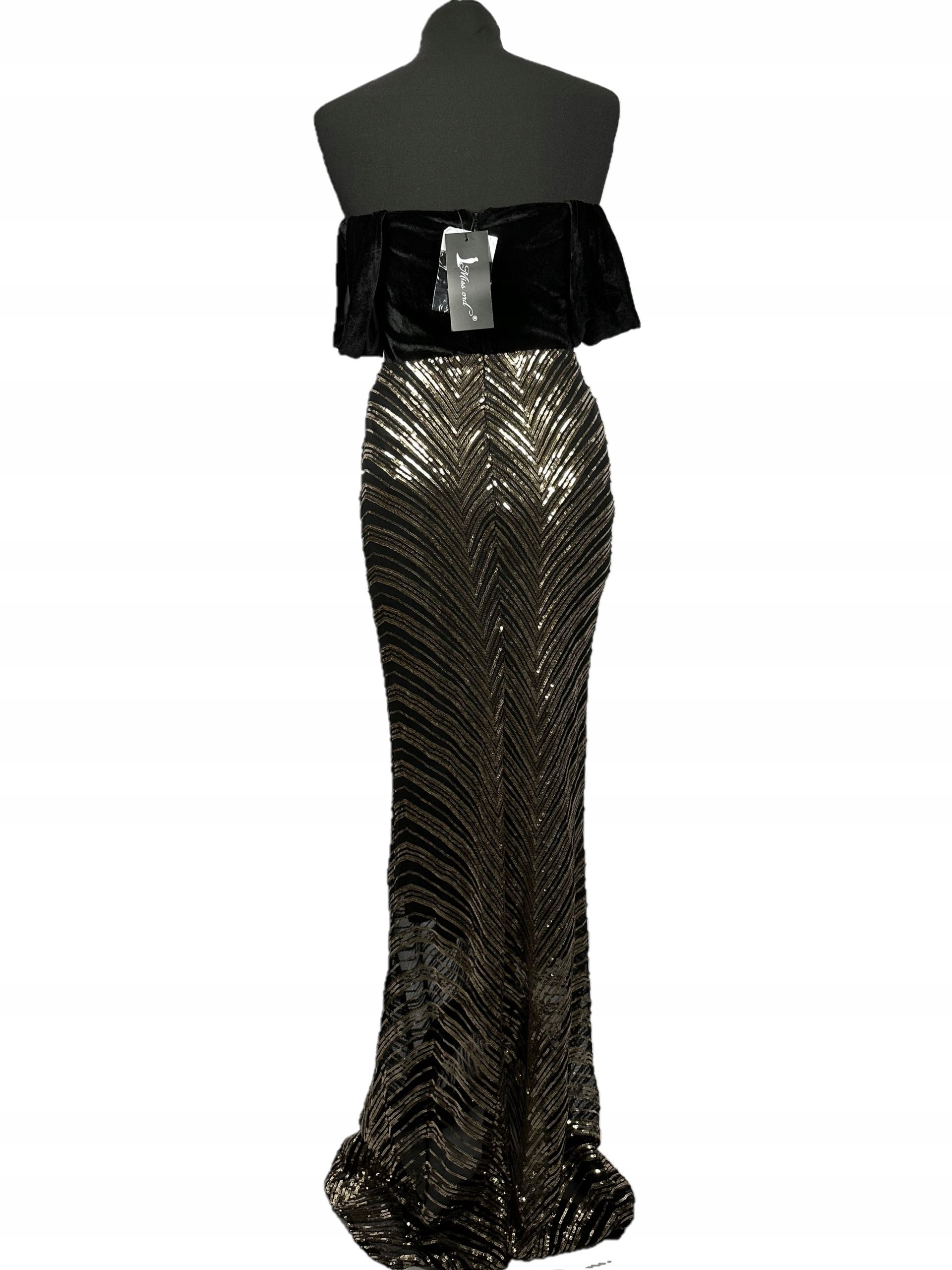 Sukienka cekinowa maxi z welurowym dekoltem złota MISSORD M 38