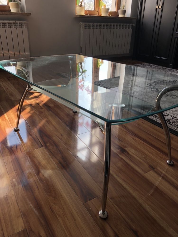 Stół stolik kawowy szklany niski srebrne chromowane nóżki dwupoziomowy