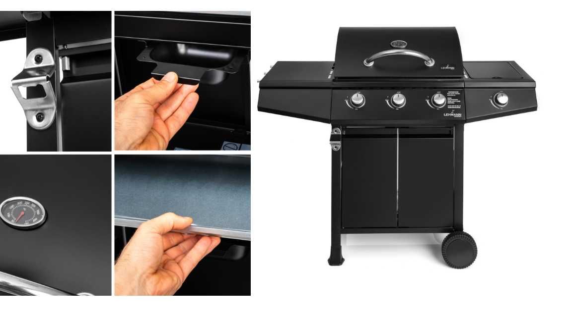 Grill gazowy ogrodowy żeliwny Lehmann Texas ruszt 3+1 czarny, srebrny