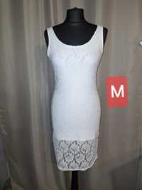 Biała koronkowa sukienka M 38 elegancka dopasowana midi