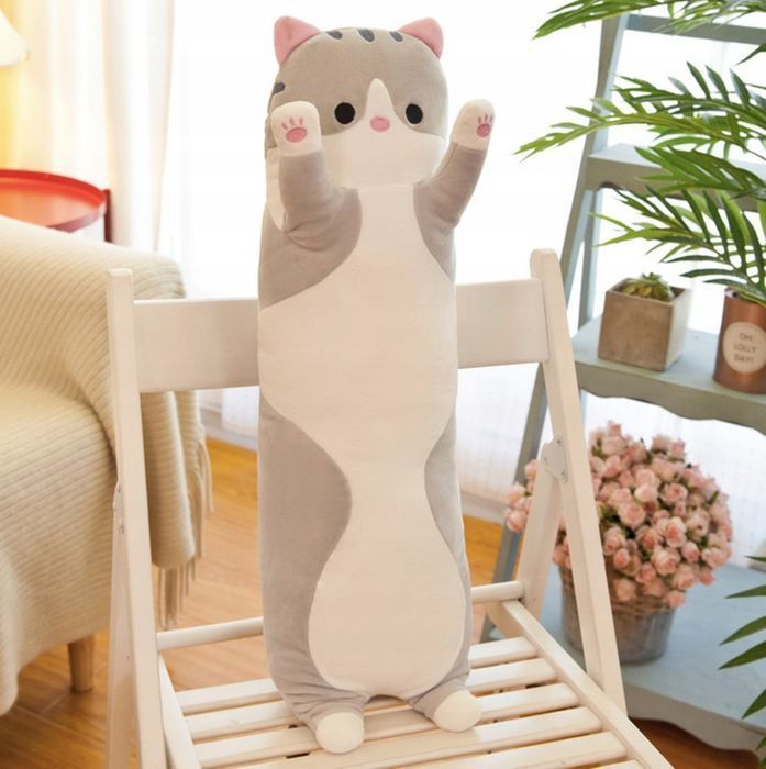 maskotka pluszak poduszka siwy kot długi 70 cm