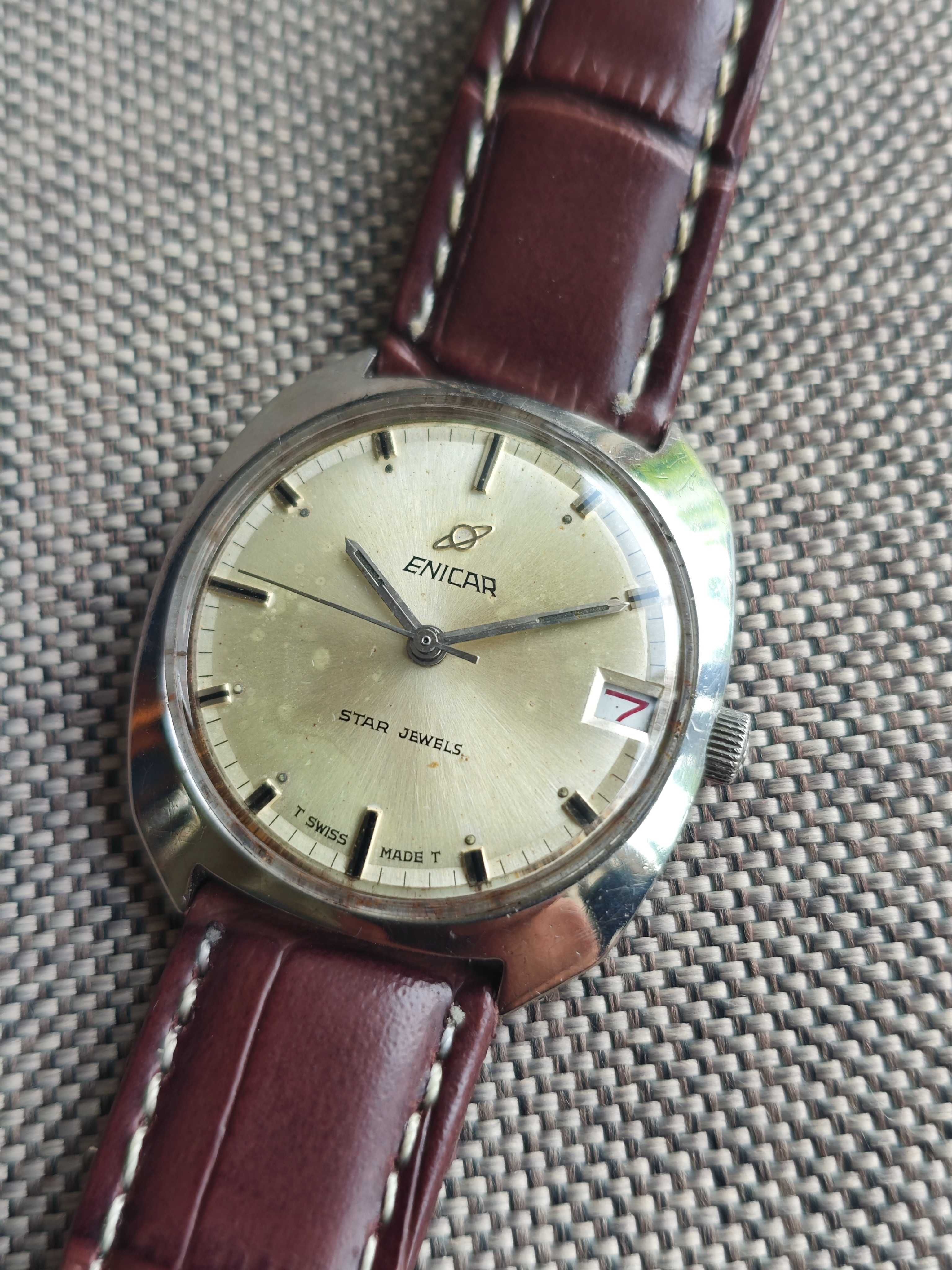 cały stalowy ENICAR mechaniczny zegarek nakręcany SWISS MADE retro