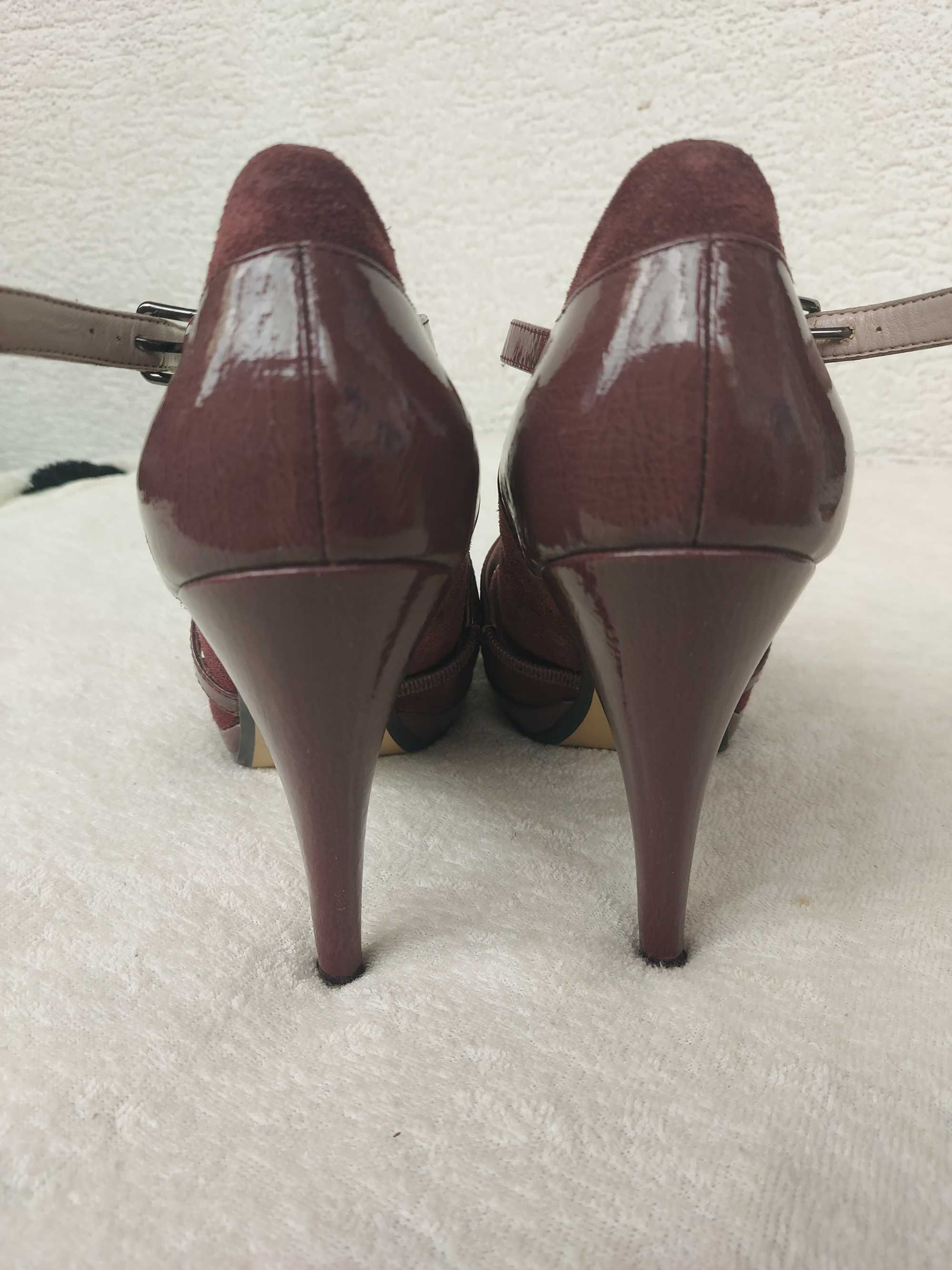 Nine West fioletowe czółenka na obcasie, t-bar retro skórzane 38,5