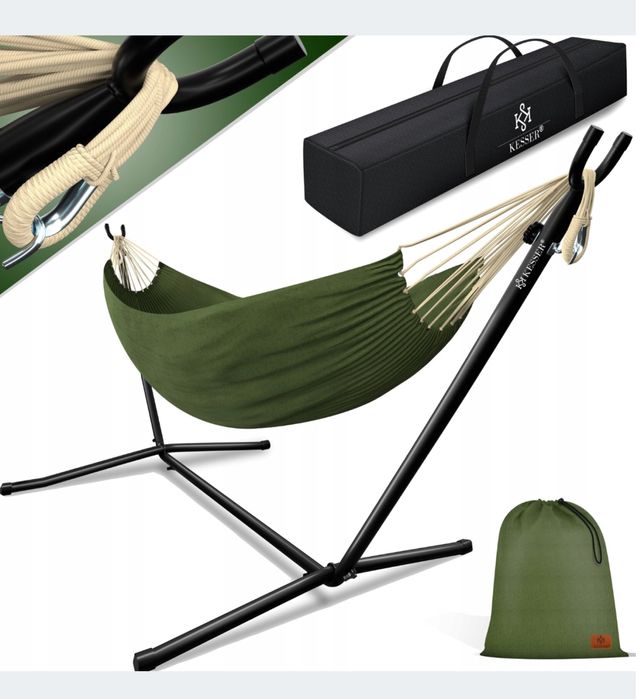 Hamak ze Stelażem Duża Powierzchnia Leżąca 220z150cm Solidna Rama