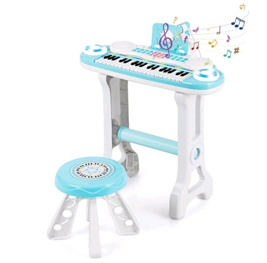 Zabawkowe pianino dla dzieci ze stołkiem 37 klawiszy niebieskie