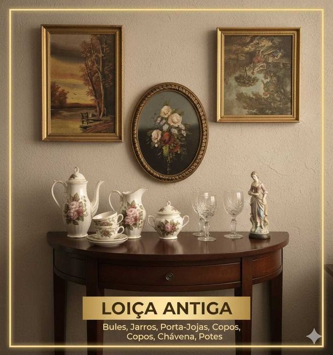 Vendo lote variado de peças antigas: Loiças, quadros, mesa de apoio.