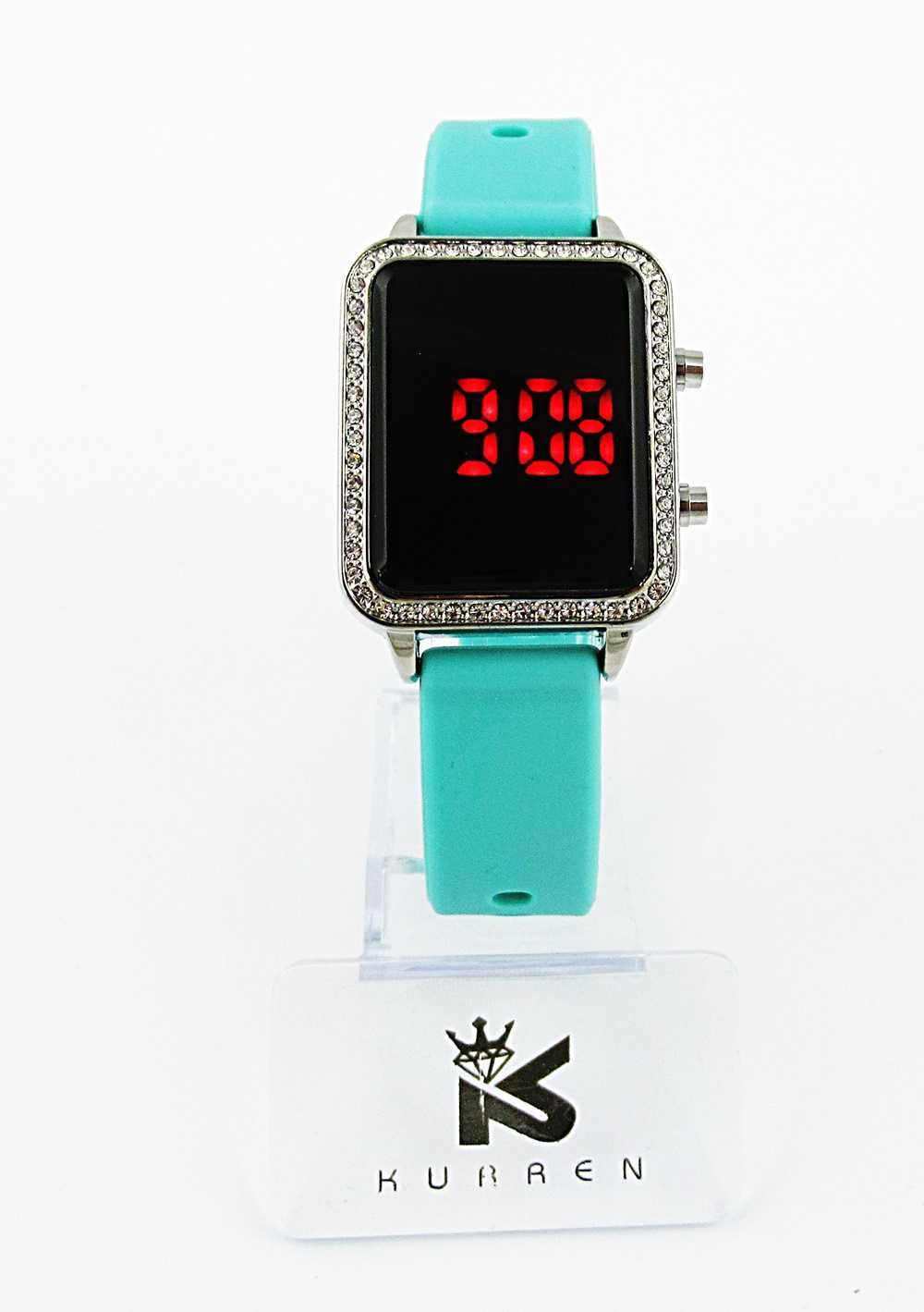 Nowy zegarek LED prostokąt stal miętowy silikonowy pasek kamyk ZG107