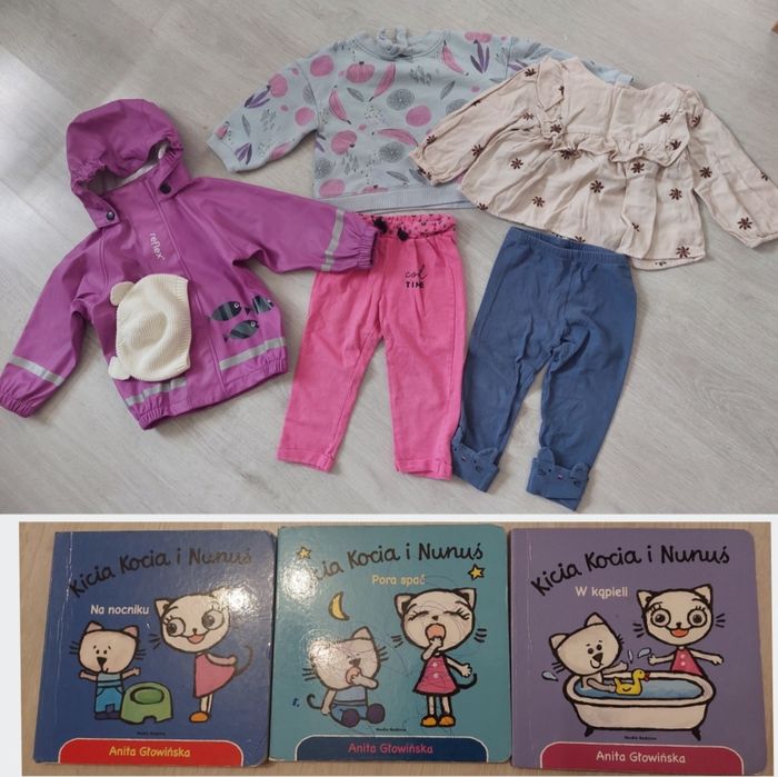 Paka ubrań dla dziewczynki Zara, Reflex i inne książki Kicia kocia