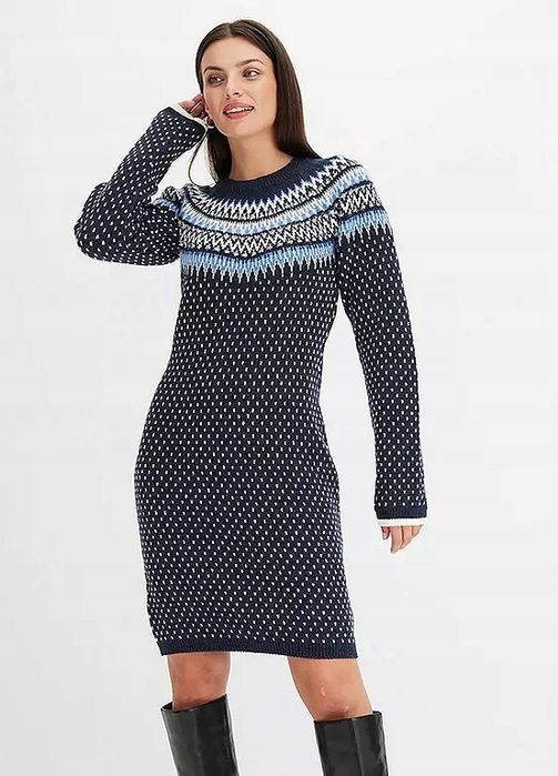B.P.C sukienka dzianinowa we wzory ze srebrną nitką 40/42.