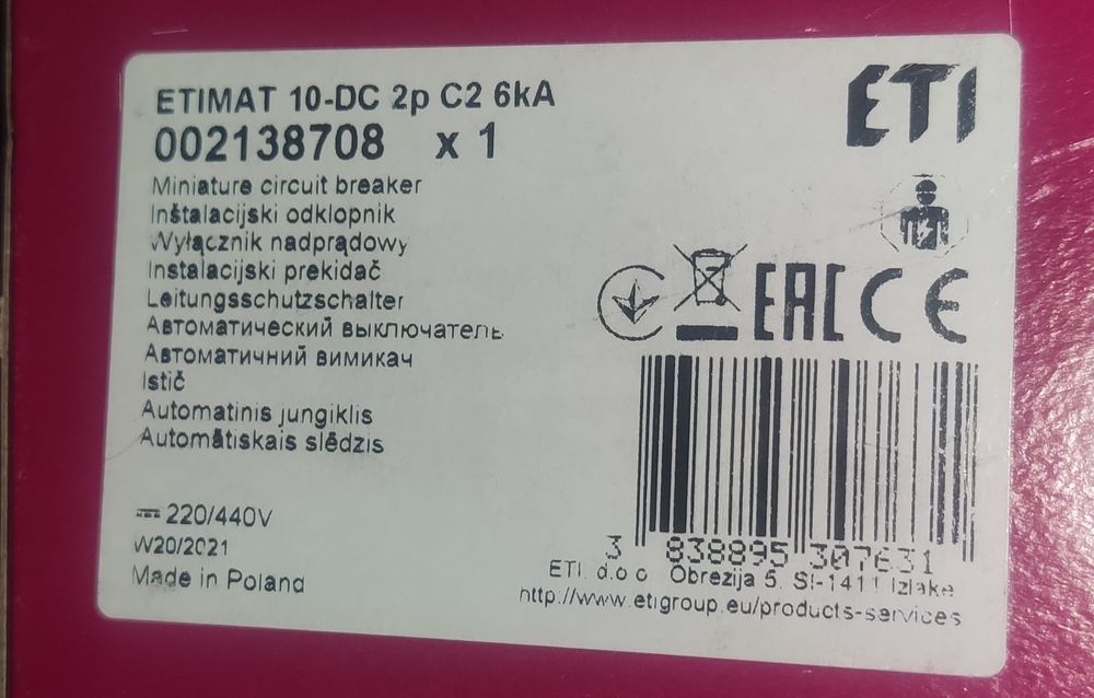 Автоматичний вимикач ETIMAT 10-DC 2p C2 6kA 2138708