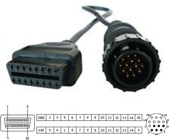 Переходник c OBD-II 16-pin на 14-pin MB Sprinter, VW LT для Autocom...