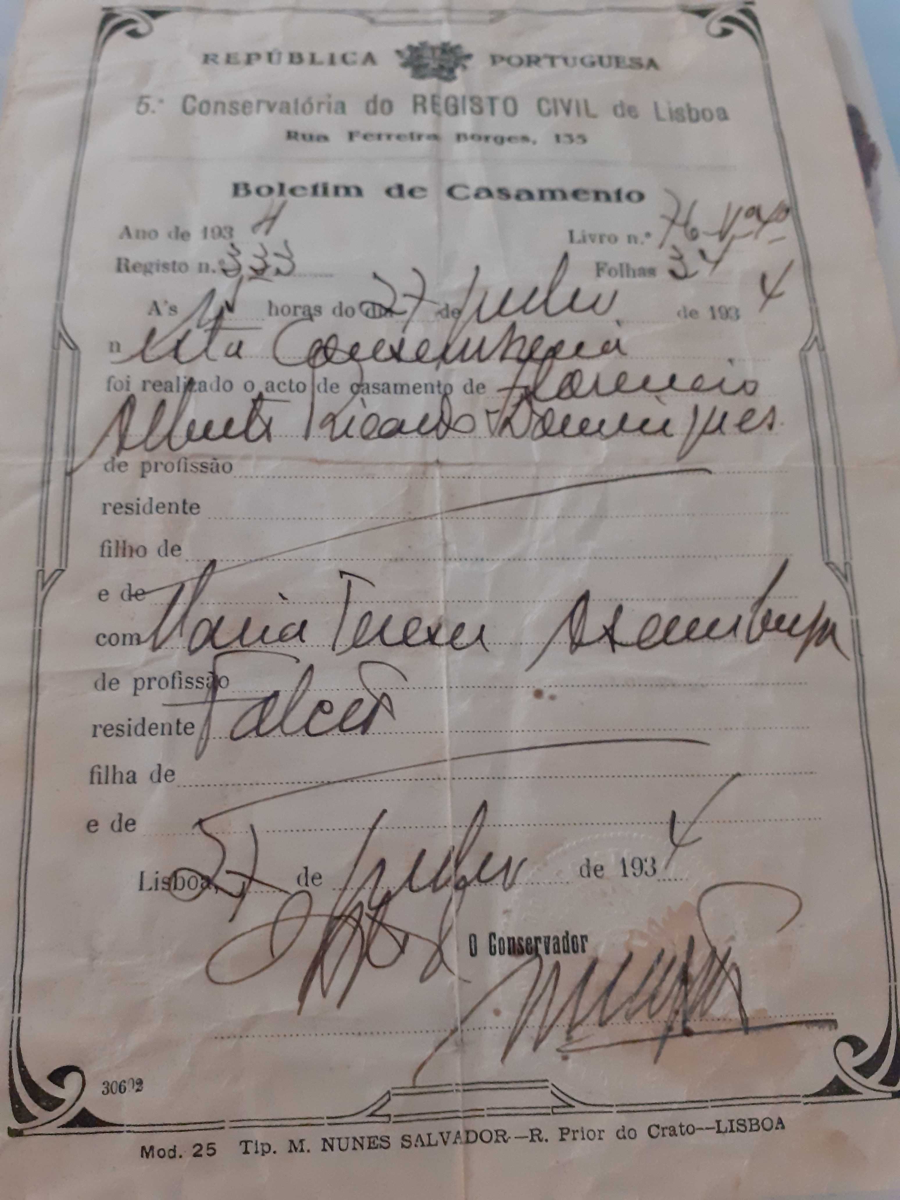 CASAMENTO boletim de 1934 e cartao de festejo de 25 anos de casamento