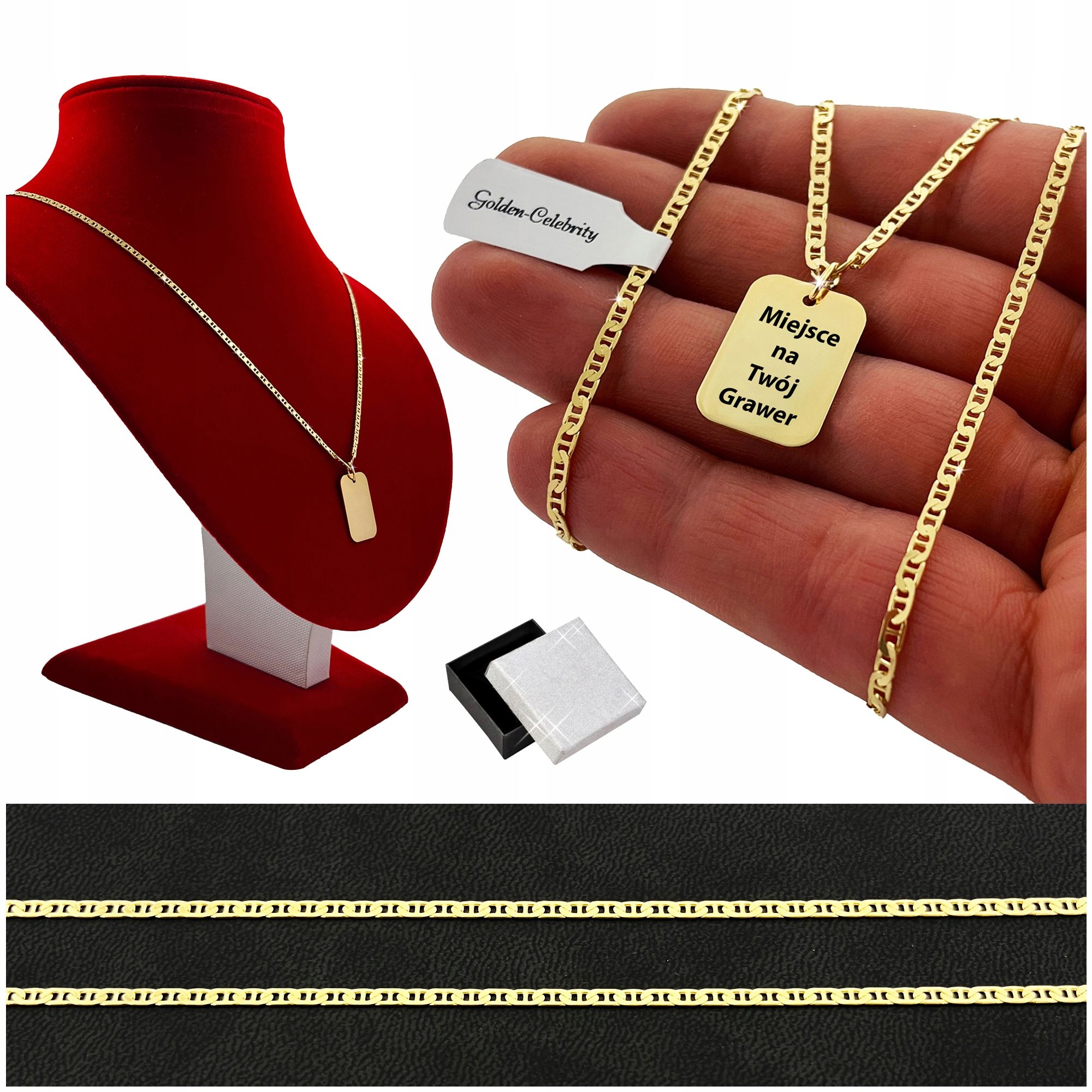 Złoty Łańcuszek Męski Gucci + Nieśmiertelnik 925/585 Srebro Grawer Gra