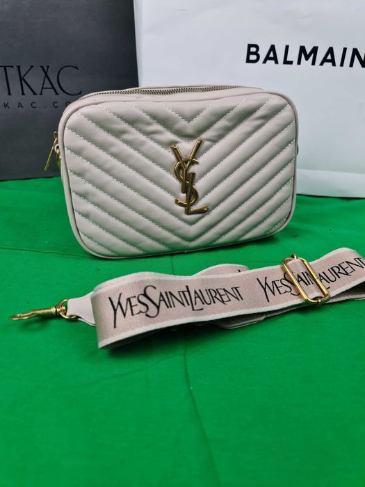 Torebka srednia Torba YSL prazkowana ecru skórzana kuferek Premium