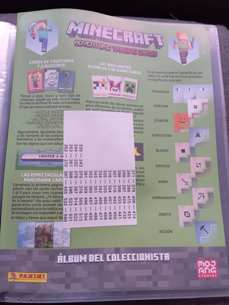 Caderneta Cartas Minecraft incompleta