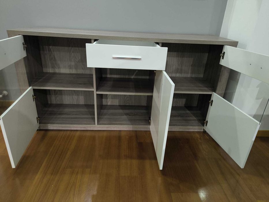 Aparador + Espelho Sala Paris Carvalho Cinza/Branco - Lourini