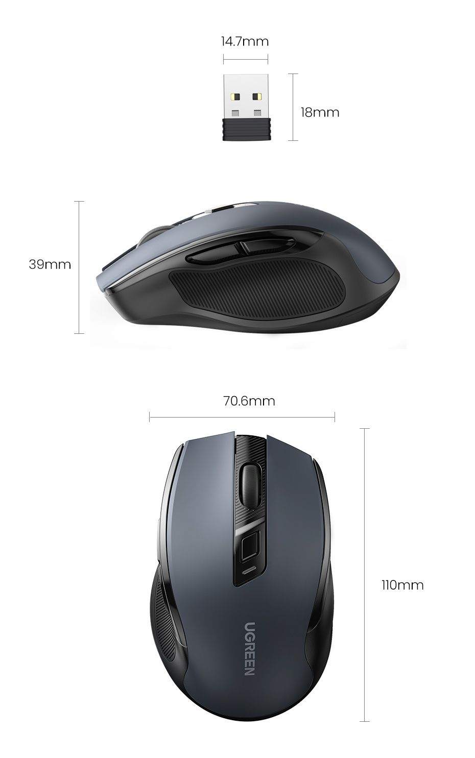 BT Миша безшумна UGREEN MU006  Bluetooth + 2.4G Ergonomic Wireless