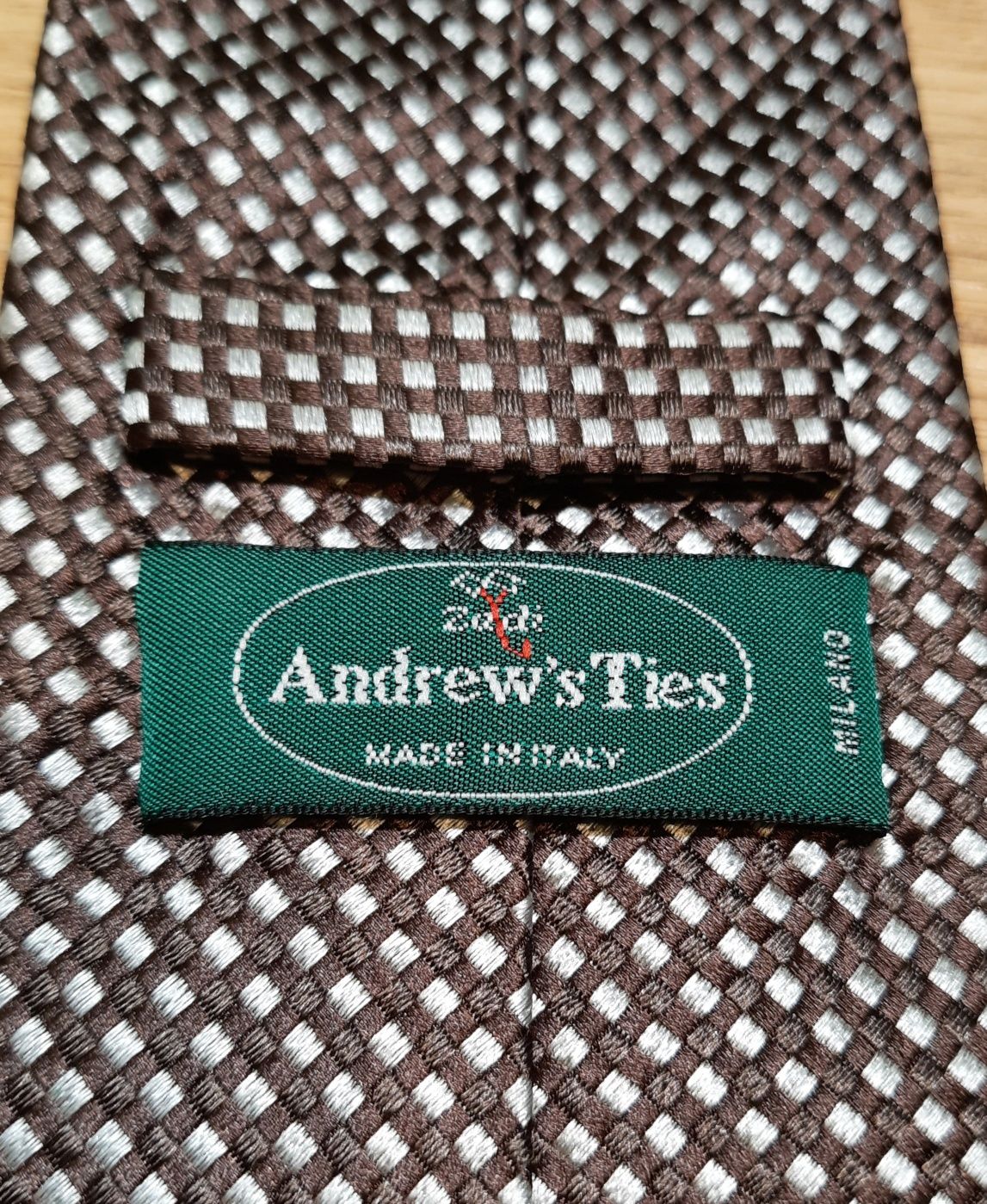 Krawat Andrew's Ties Jedwabny Brązowo Beżowa Krata