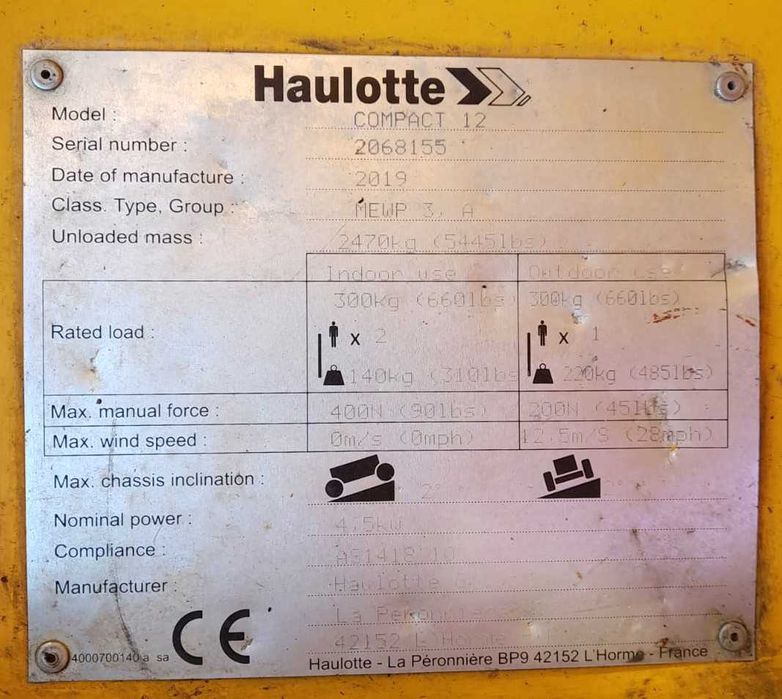 Podnośnik Haulotte Compact 12 nożycowy elektryczny 12m, 2019