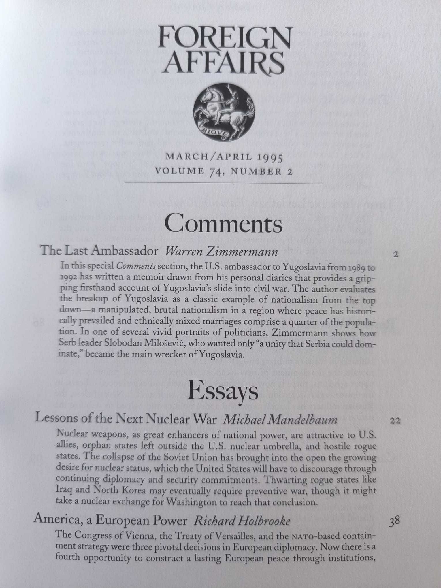 Revista "Foreign Affairs" March/April 1995 Volume 74, Number 2
